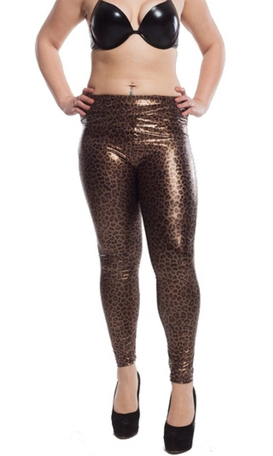 Leopard women's leggings wetlook stretch trousers patent leather jeggings S/M