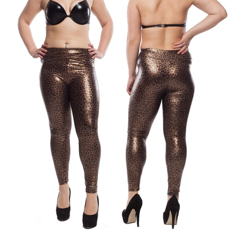 Leopard women's leggings wetlook stretch trousers patent leather jeggings S/M