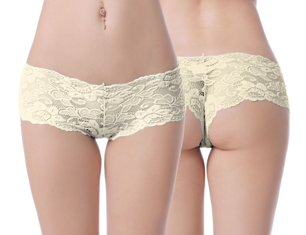 Women's Brazilian Panty Beige Lace Underpants Gogo Flowers Thong Lingerie S-XL