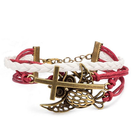 Unisex Leather Bracelet Owl Cross Infinity Surfer Style Jewelry 17cm