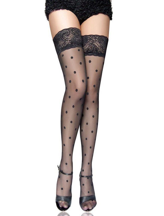 Stockings Nylon Suspenders Dots Hold-Ups Overknees Gogo Black S/M/L