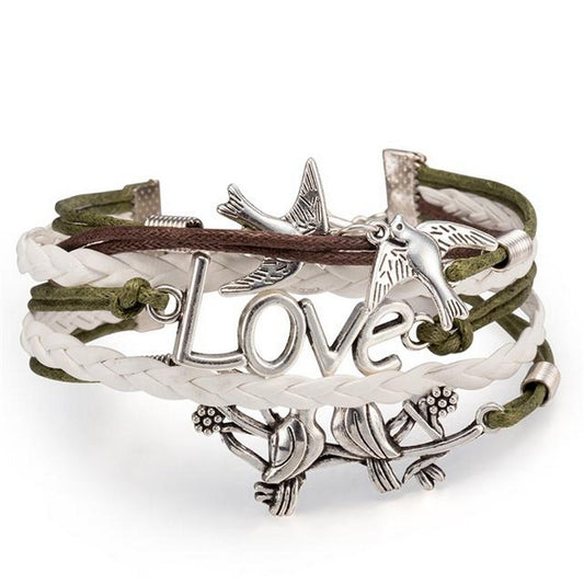 Unisex Leather Bracelet Love Doves Green White Surfer Style Jewelry 17cm