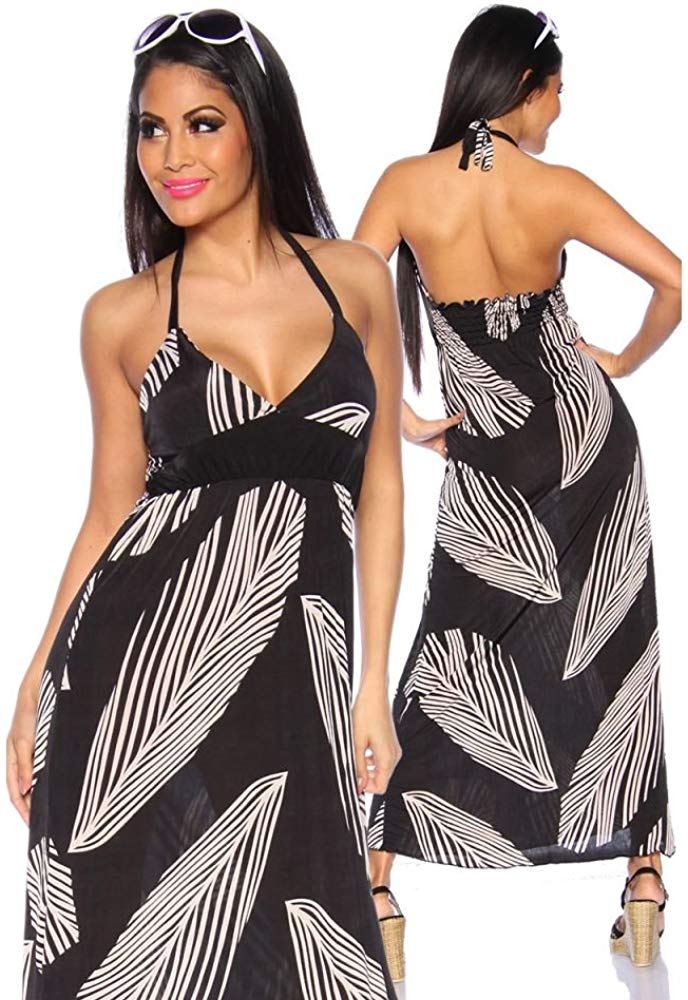 Langes Damen Palmen Strandkleid Neckholder Schwarz Bademode Sommer Bikini S/M