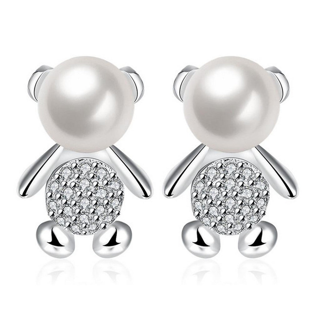 Cute silver ladies children's stud earrings teddy bear with pearl zirconia Ø 16mm