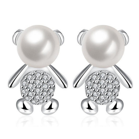 Cute silver ladies children's stud earrings teddy bear with pearl zirconia Ø 16mm