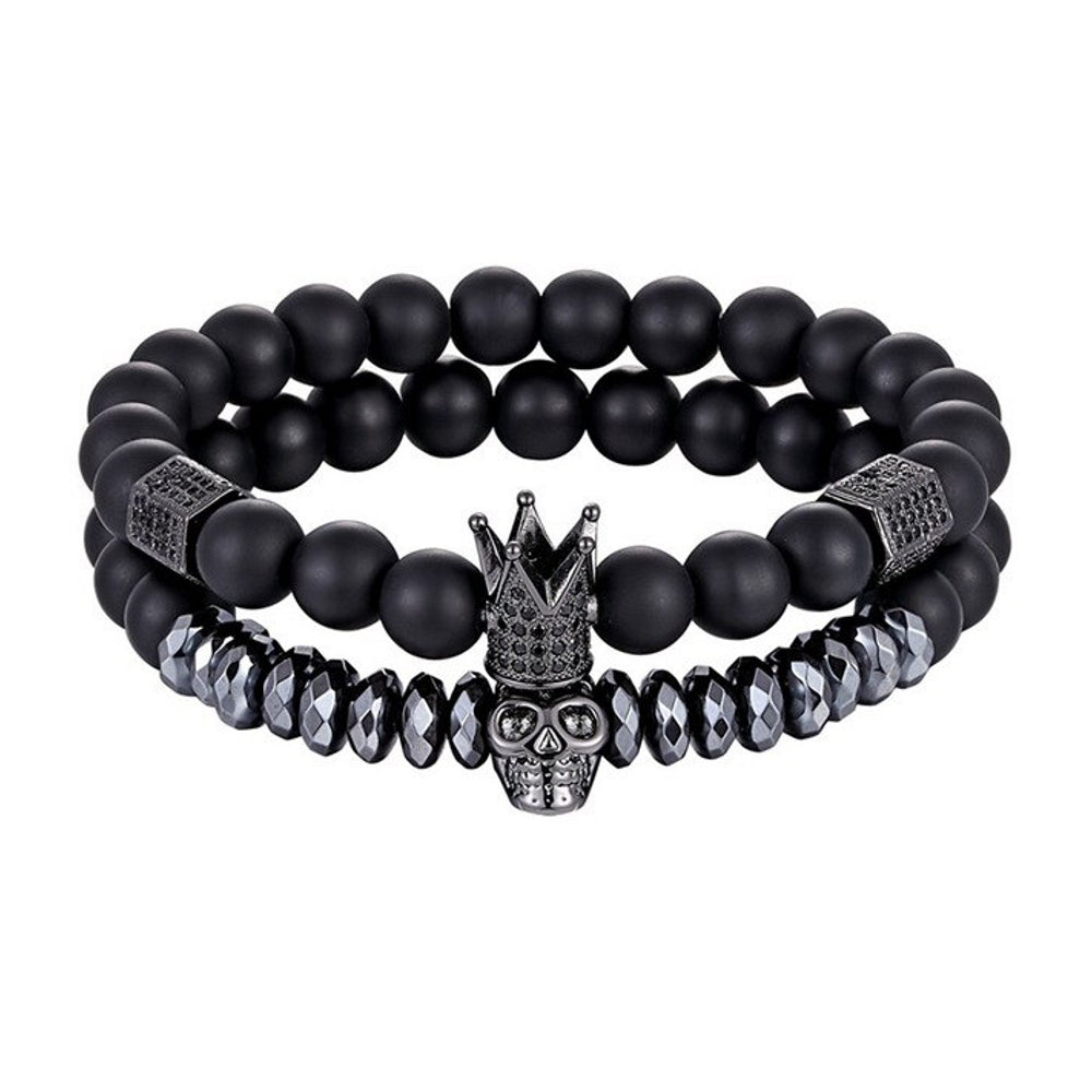 Armband Totenkopf Schädel Krone Matt Schwarz Unisex Kugeln 8cm
