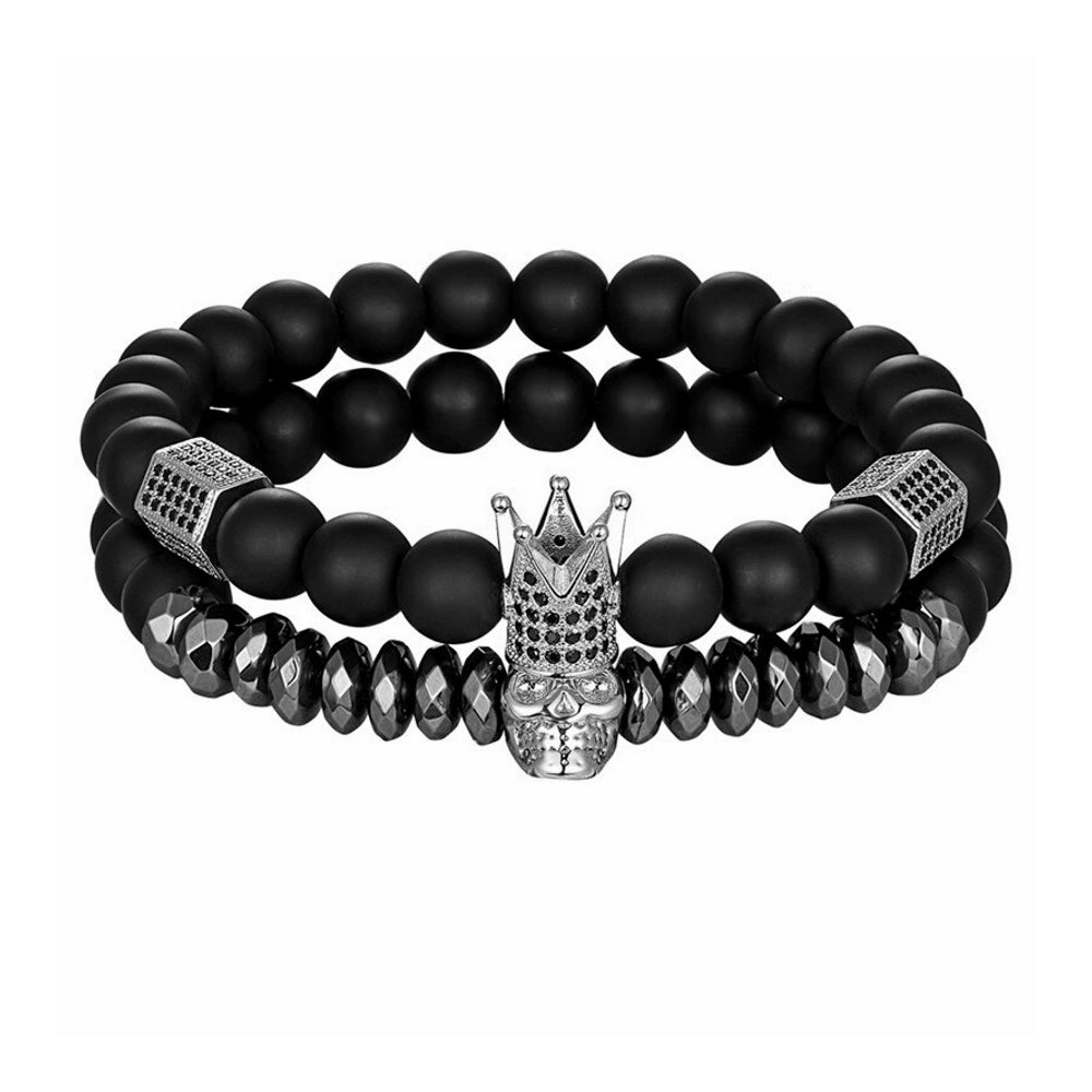 Armband Totenkopf Schädel Krone Matt Schwarz Unisex Kugeln 8cm