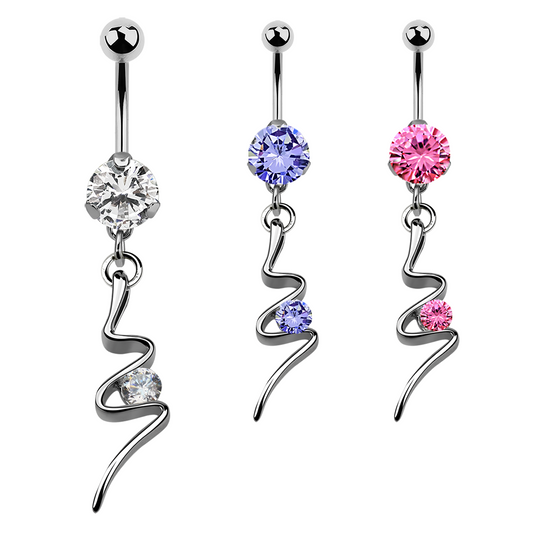 Zirconia snake belly button piercing silver crystals 1.6x10mm stone Ø 8mm