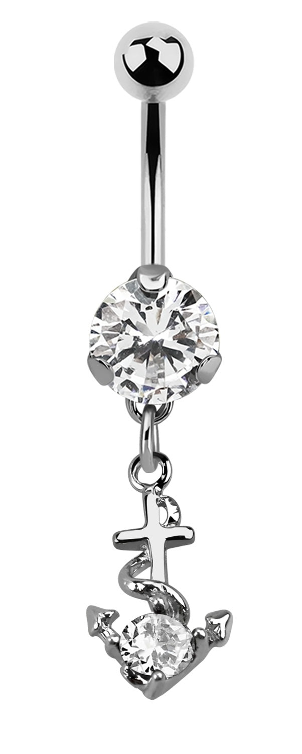 Anker Bauchnabel Piercing Zirkonia Silber Kristalle Stab 1,6x10mm Stein Ø 8mm