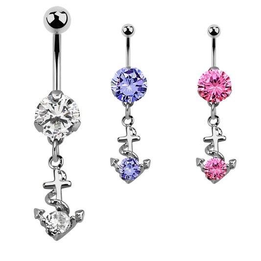 Anchor belly button piercing zirconia silver crystals bar 1.6x10mm stone Ø 8mm