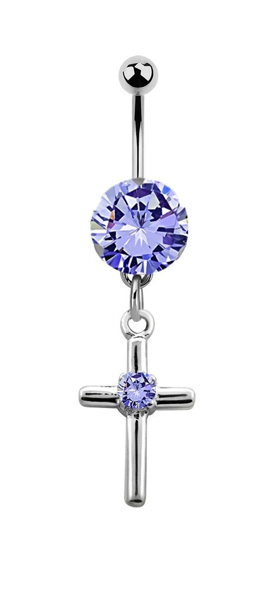 Bauchnabel Piercing Zirkonia Kreuz Silber Kristalle Stab 1,6x10mm Stein Ø 8mm