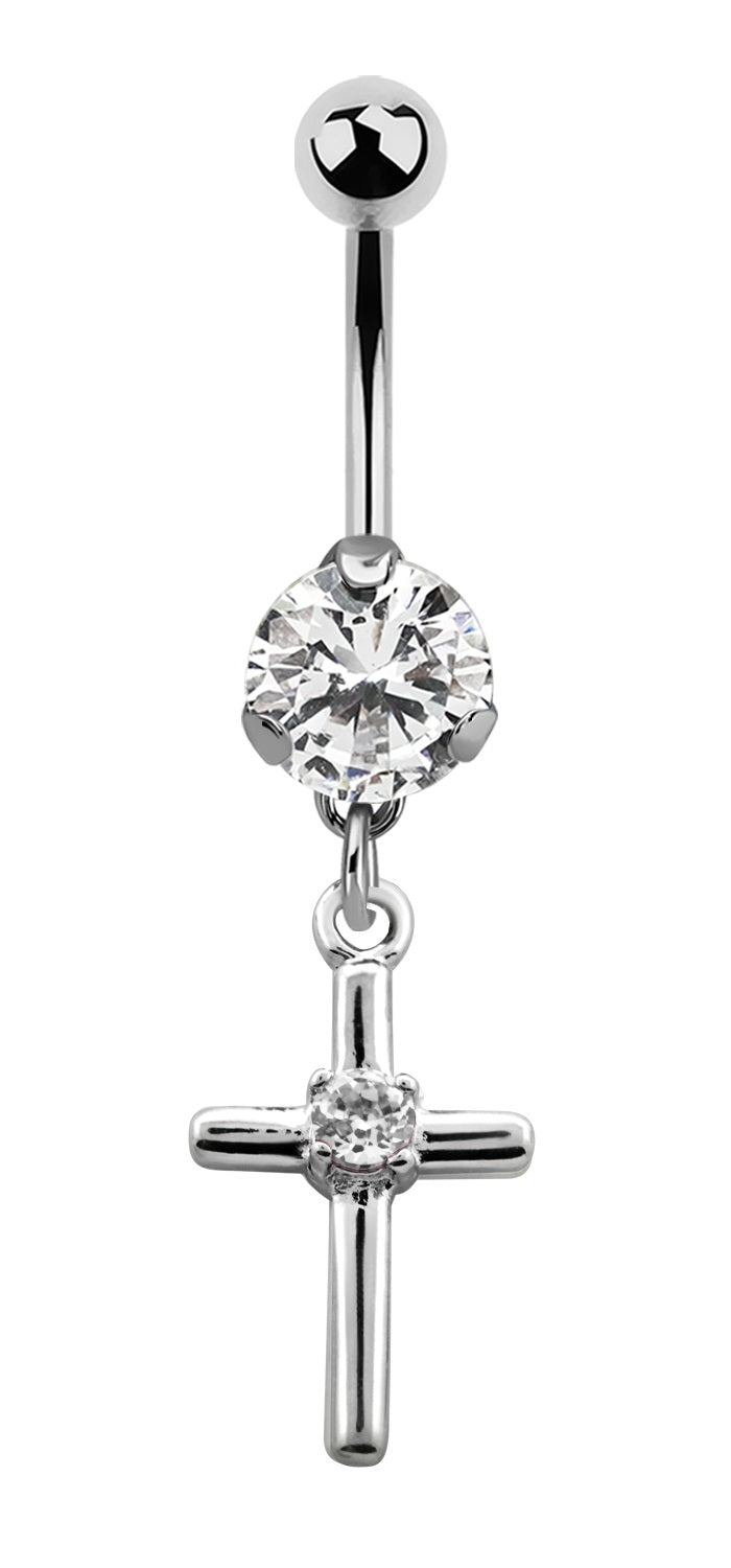 Bauchnabel Piercing Zirkonia Kreuz Silber Kristalle Stab 1,6x10mm Stein Ø 8mm