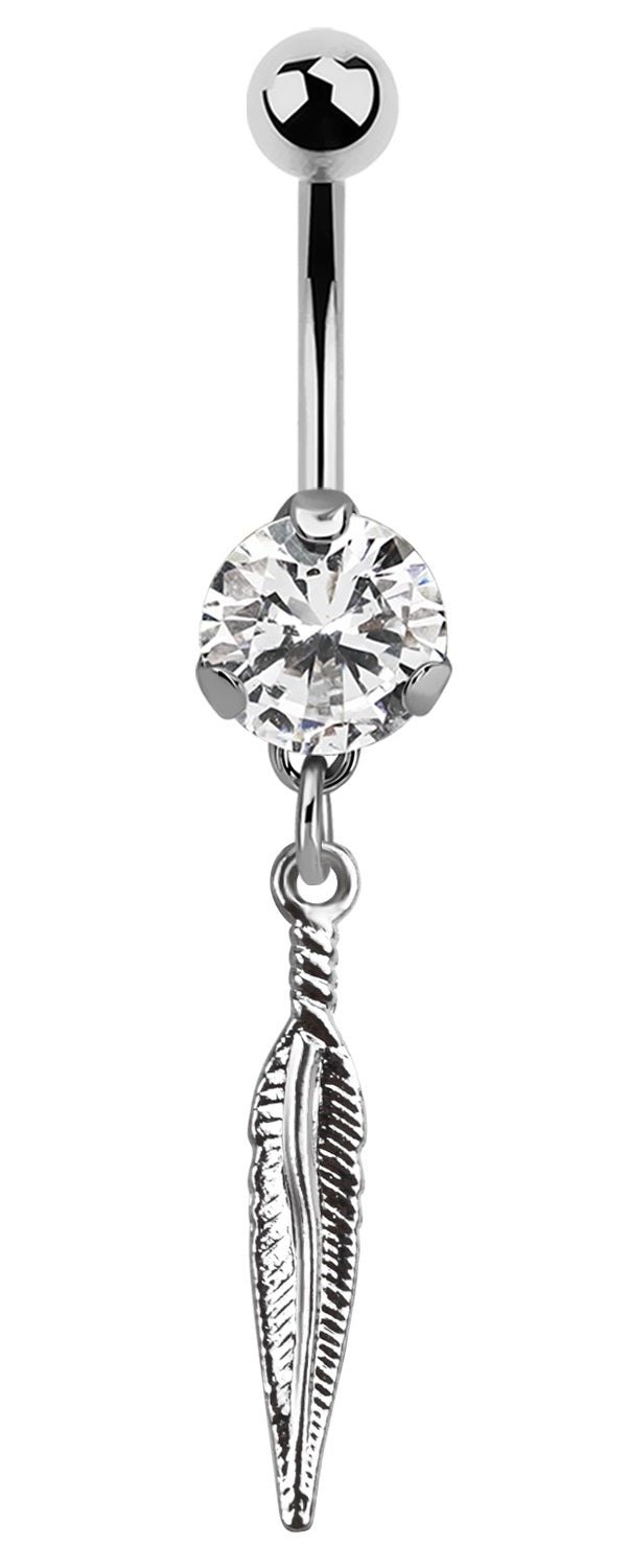 Bauchnabel Piercing Zirkonia Feder Silber Kristalle Stab 1,6x10mm Stein Ø 8mm