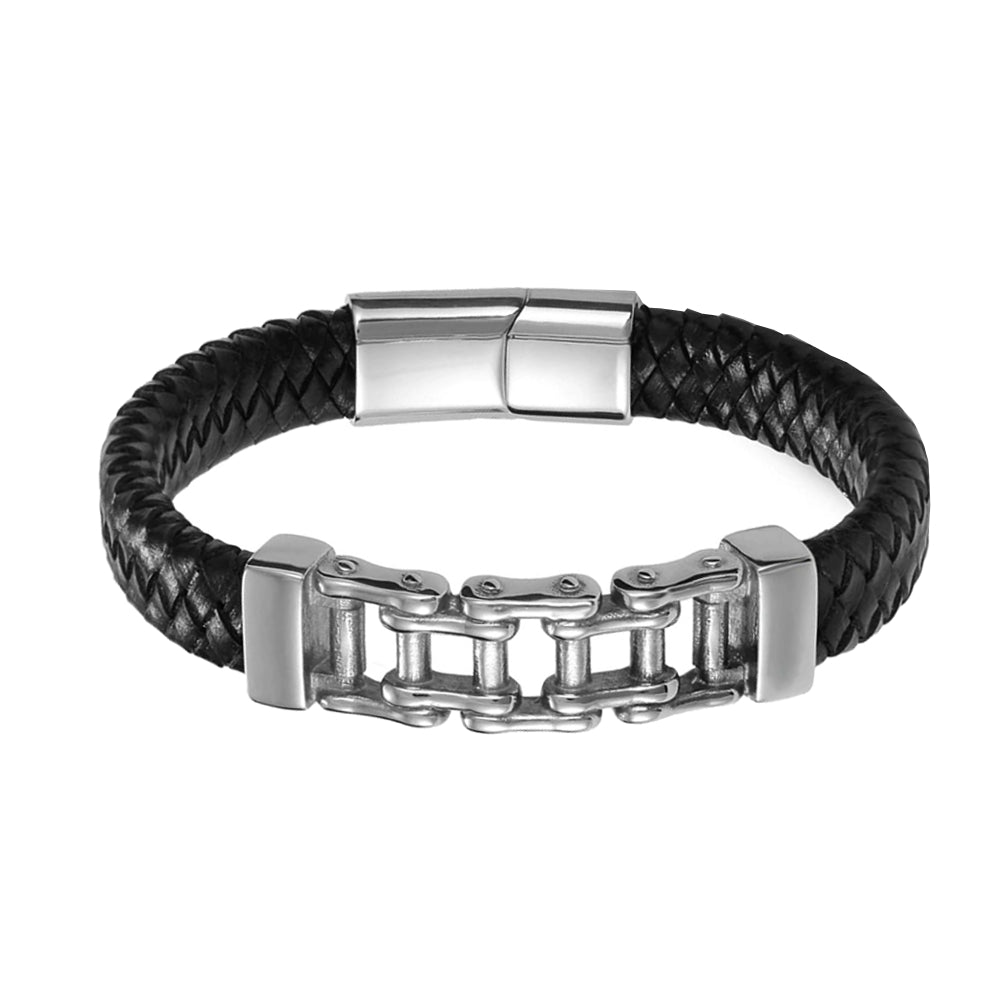 Genuine leather men's bracelet curb chain black leather strap magnet 21.5cm