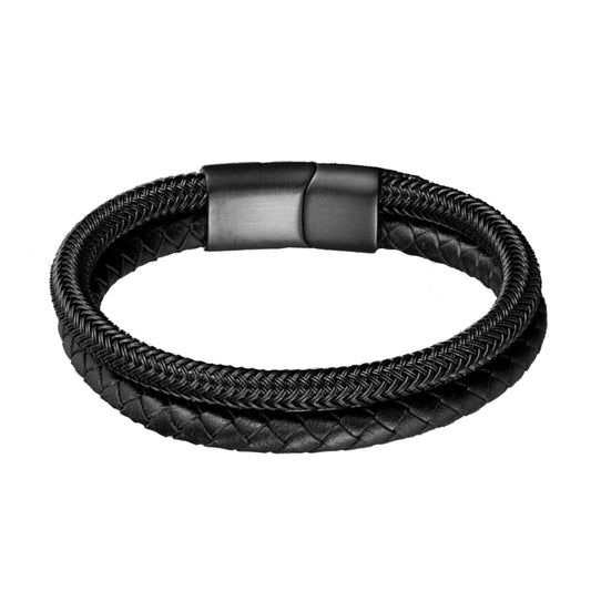 Stainless steel wire bracelet hand jewelry braided black leather cord magnet 21cm
