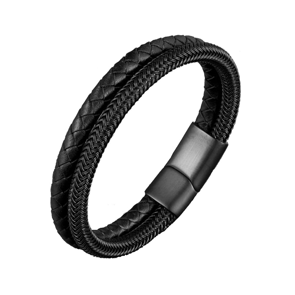 Edelstahl Draht Armband Handschmuck Geflochten Schwarz Lederband Magnet 21cm