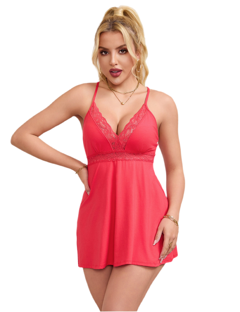 Babydoll Nachtwäsche Kurzes Spitze Rot Kimono Nachthemd Dessous Reizwäsche S/M - R81732-2: rotes Modalspitze-Nachthemd, verstellbare Träger