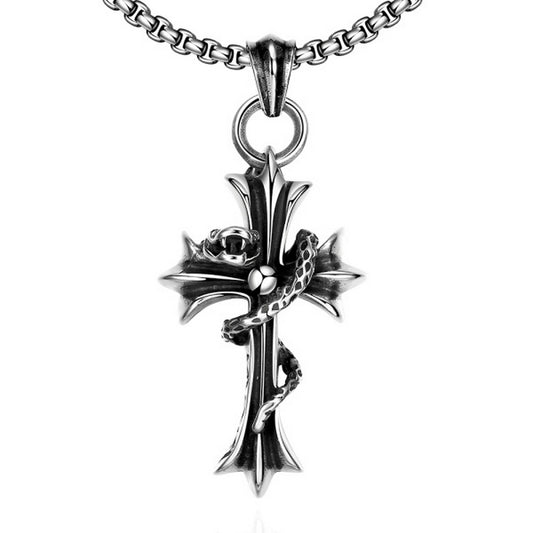 Solid men's stainless steel necklace with snakes Knight's Cross silver jewelry Ø 68mm
