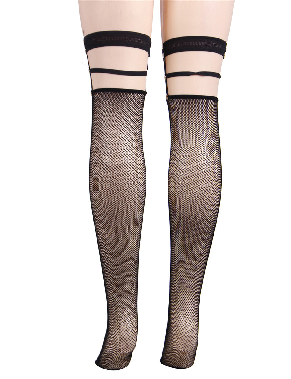 Damen Netzstrümpfe Strapse Halterlose Overknees mit Nieten Nylon Schwarz S/M - H3624-1
