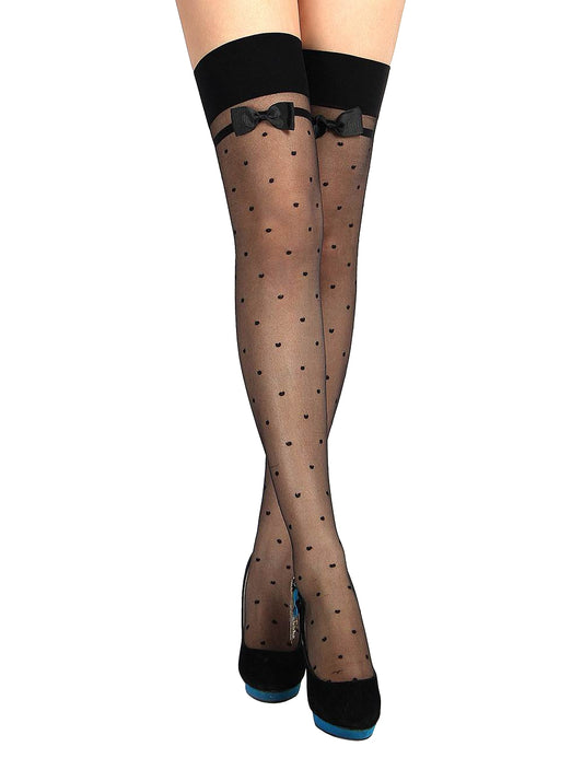 Women's Nylon Stockings with Dots and Bows Hold-Ups Overknees Black S/M/L - H2142