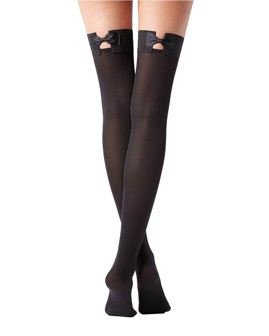 Sexy Stockings Suspender Stockings with Foot Bow Tie Hold-Up Nylon Black M-XL