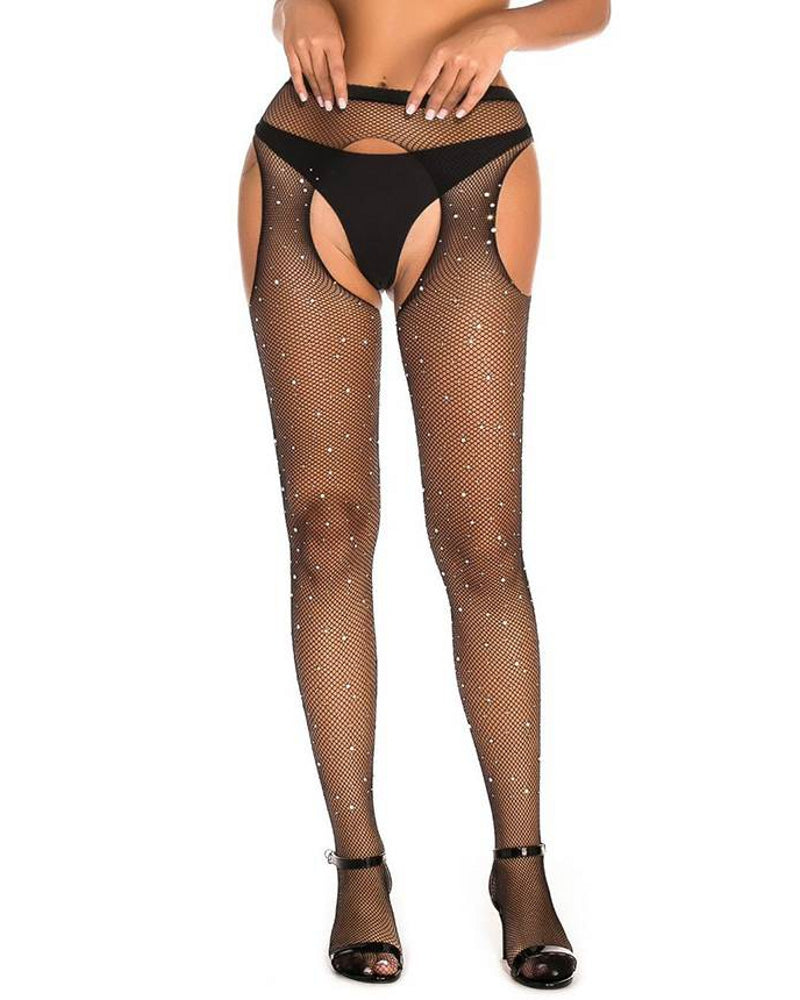 Damen Strapse Halter Strass Strümpfe Fishnet Strumpfhose Schritt Offen Gogo Schwarz S/M/L/XL - H3477