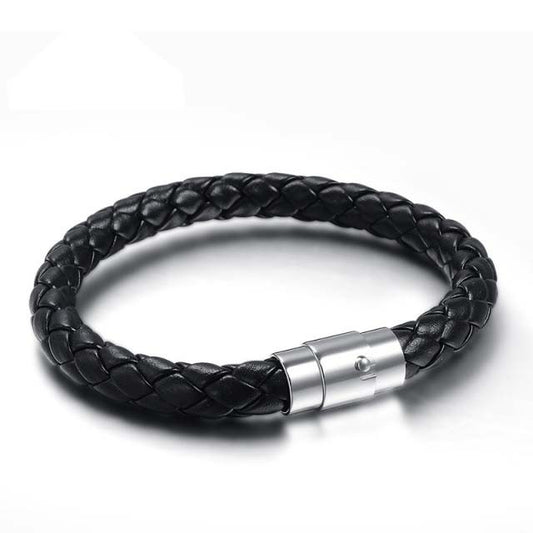 Unisex Genuine Leather Bracelet Black Snake Braided Leather Band Magnet 22cm