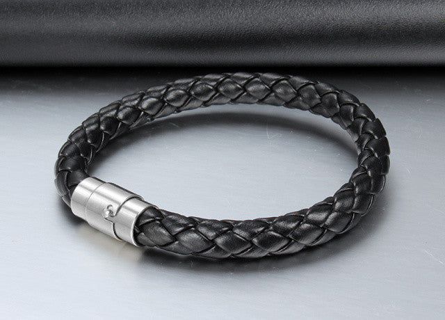 Unisex Echt Leder Armband Schwarz Schlange Geflochten Lederband Magnet 22cm