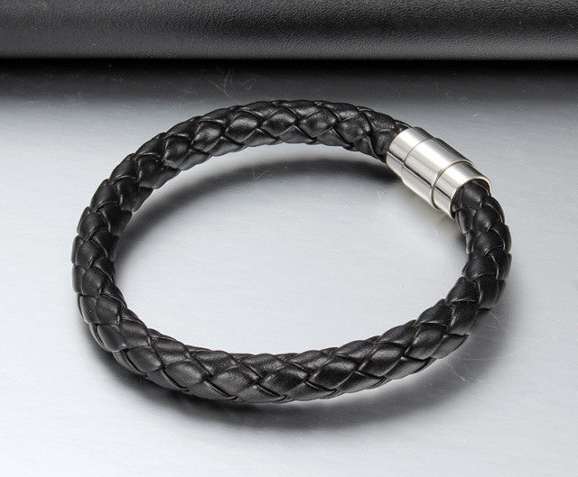 Unisex Echt Leder Armband Schwarz Schlange Geflochten Lederband Magnet 22cm