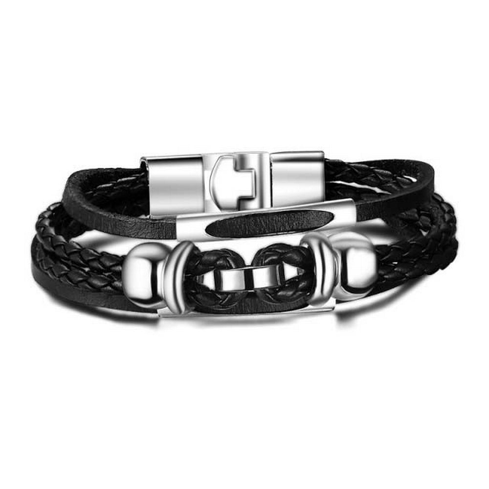 Herren Echt Leder Armband Ringe Schwarz Silber Surfer Syle Schmuck 22cm