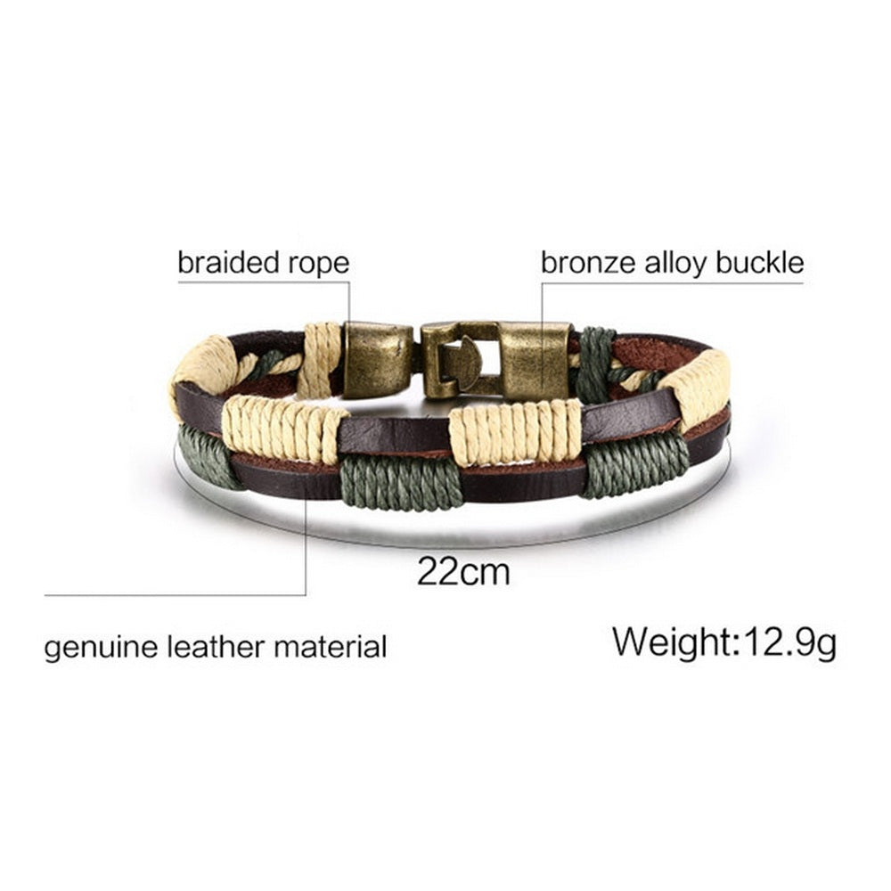 Unisex Echt Leder Armband Braun Grün Surfer Syle Schmuck 22cm