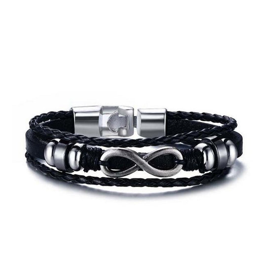 Unisex Genuine Leather Bracelet Infinity Black Surfer Style Jewelry 20cm
