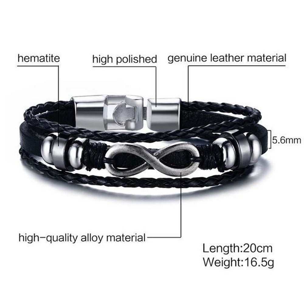 Unisex Genuine Leather Bracelet Infinity Black Surfer Style Jewelry 20cm