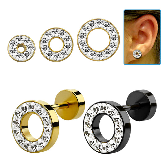 Unisex Round Fake Plug Rhinestone Tunnel Black Gold Earrings Stainless Steel Stud Earrings