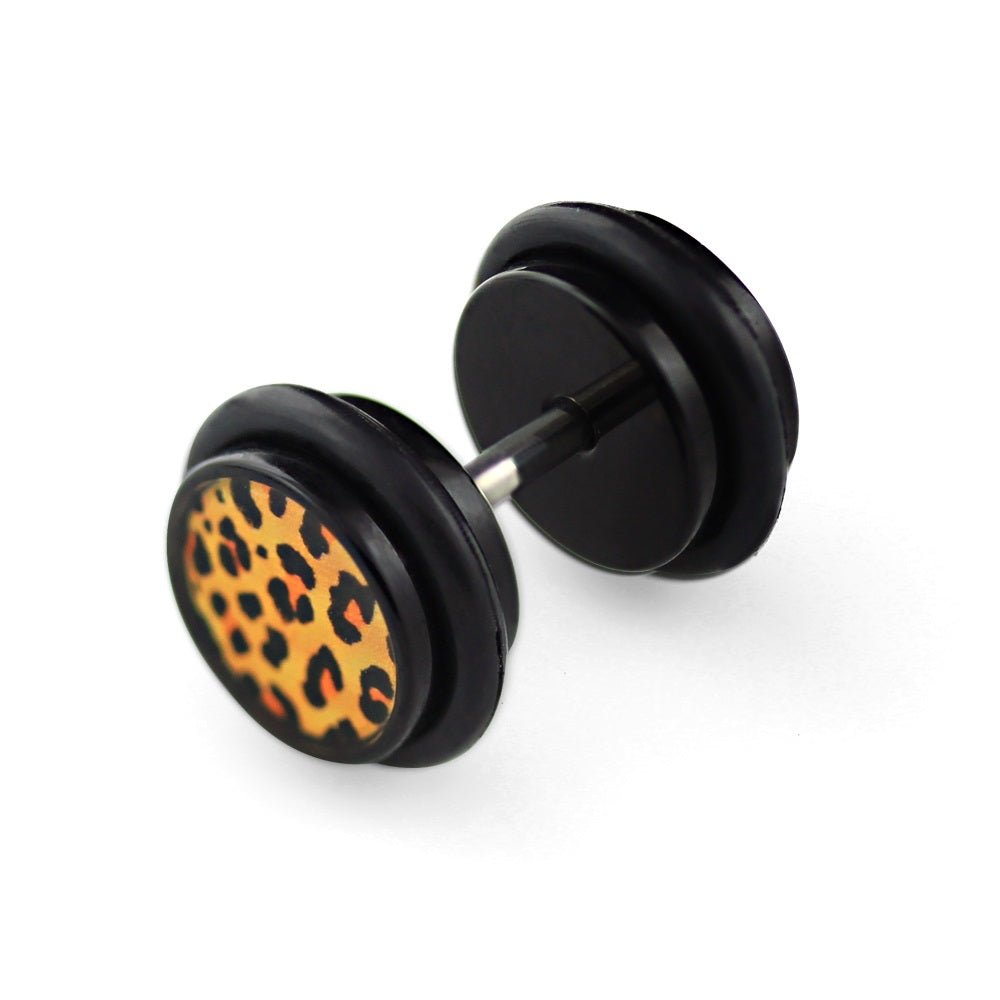 1 pair of leopard fake plug earrings ear studs acrylic tunnel black leo Ø 10mm