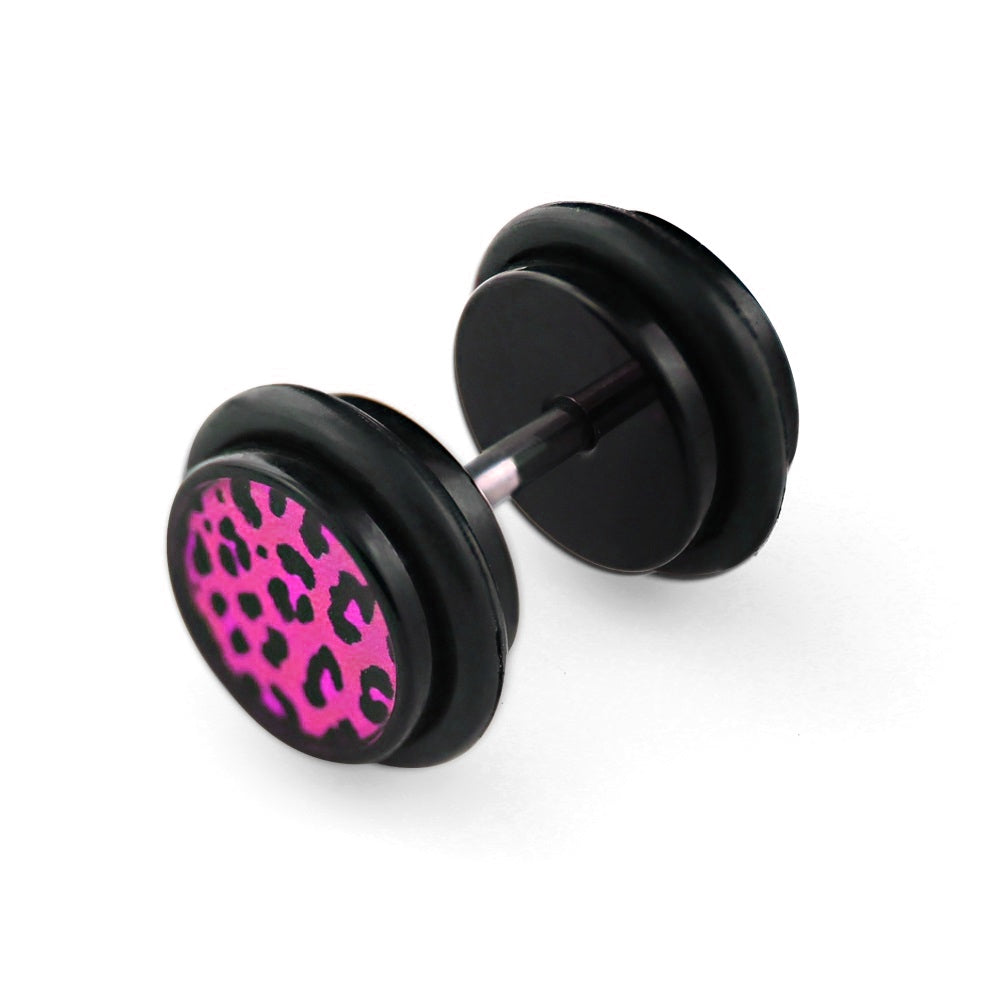 1 pair of leopard fake plug earrings ear studs acrylic tunnel black leo Ø 10mm