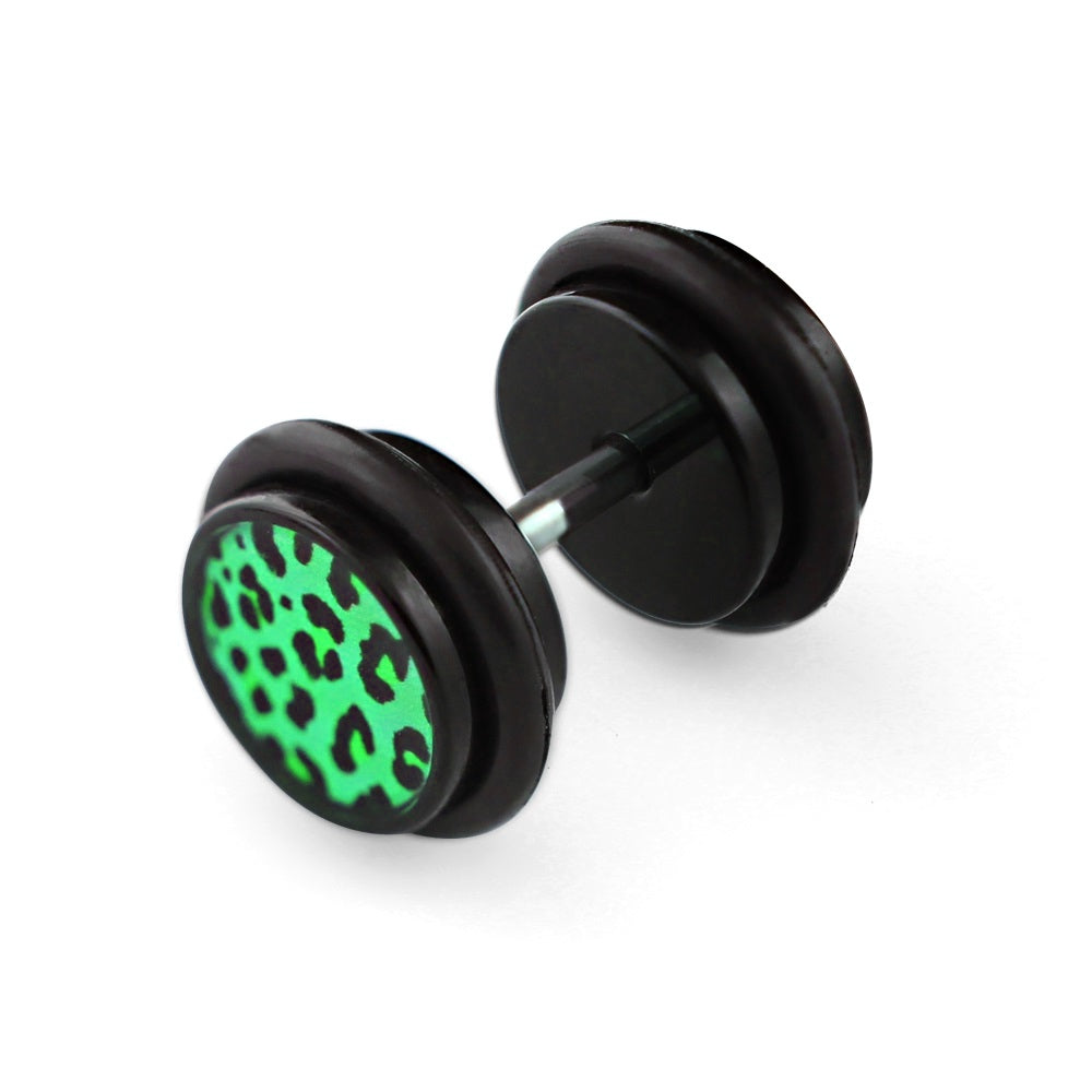 1 pair of leopard fake plug earrings ear studs acrylic tunnel black leo Ø 10mm