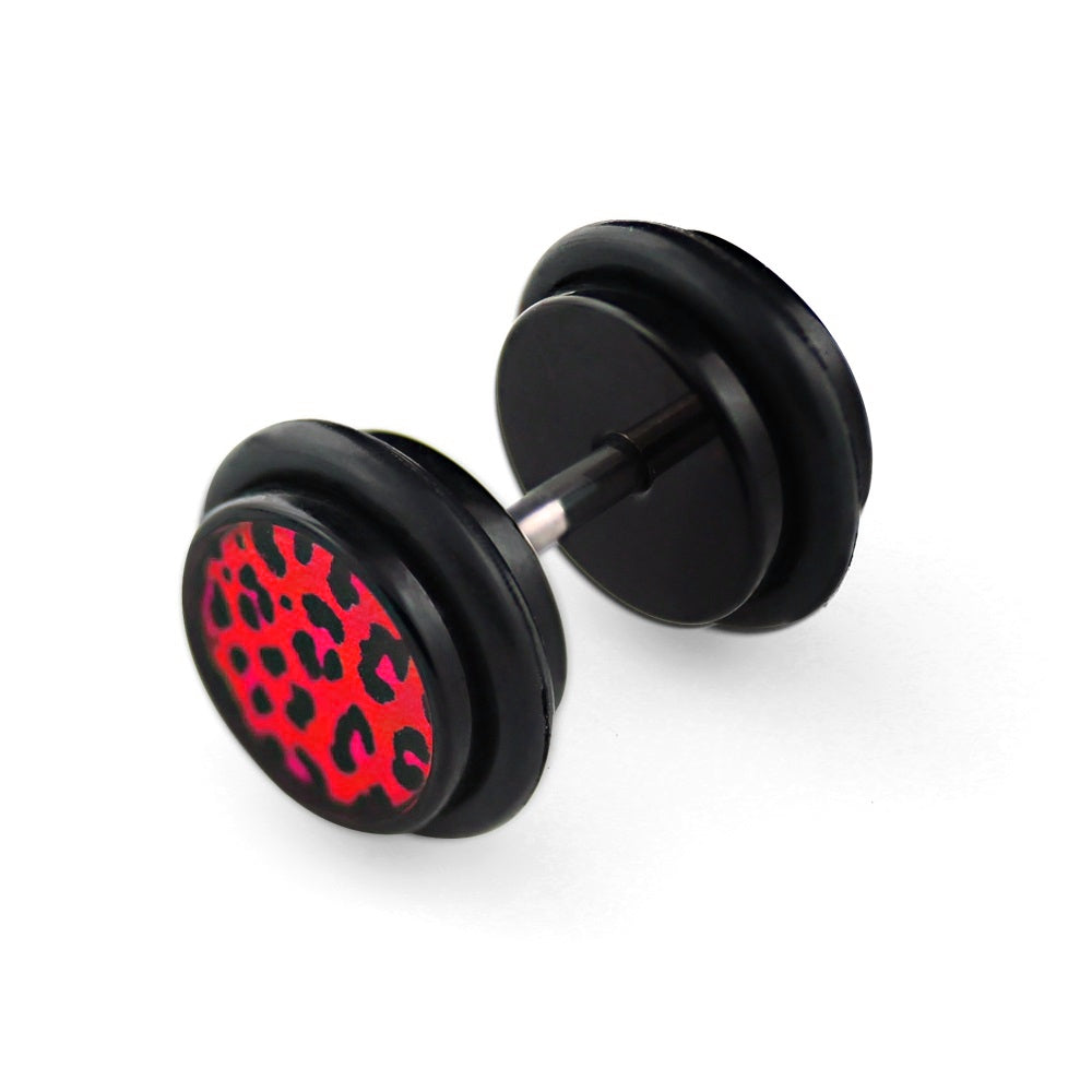 1 pair of leopard fake plug earrings ear studs acrylic tunnel black leo Ø 10mm