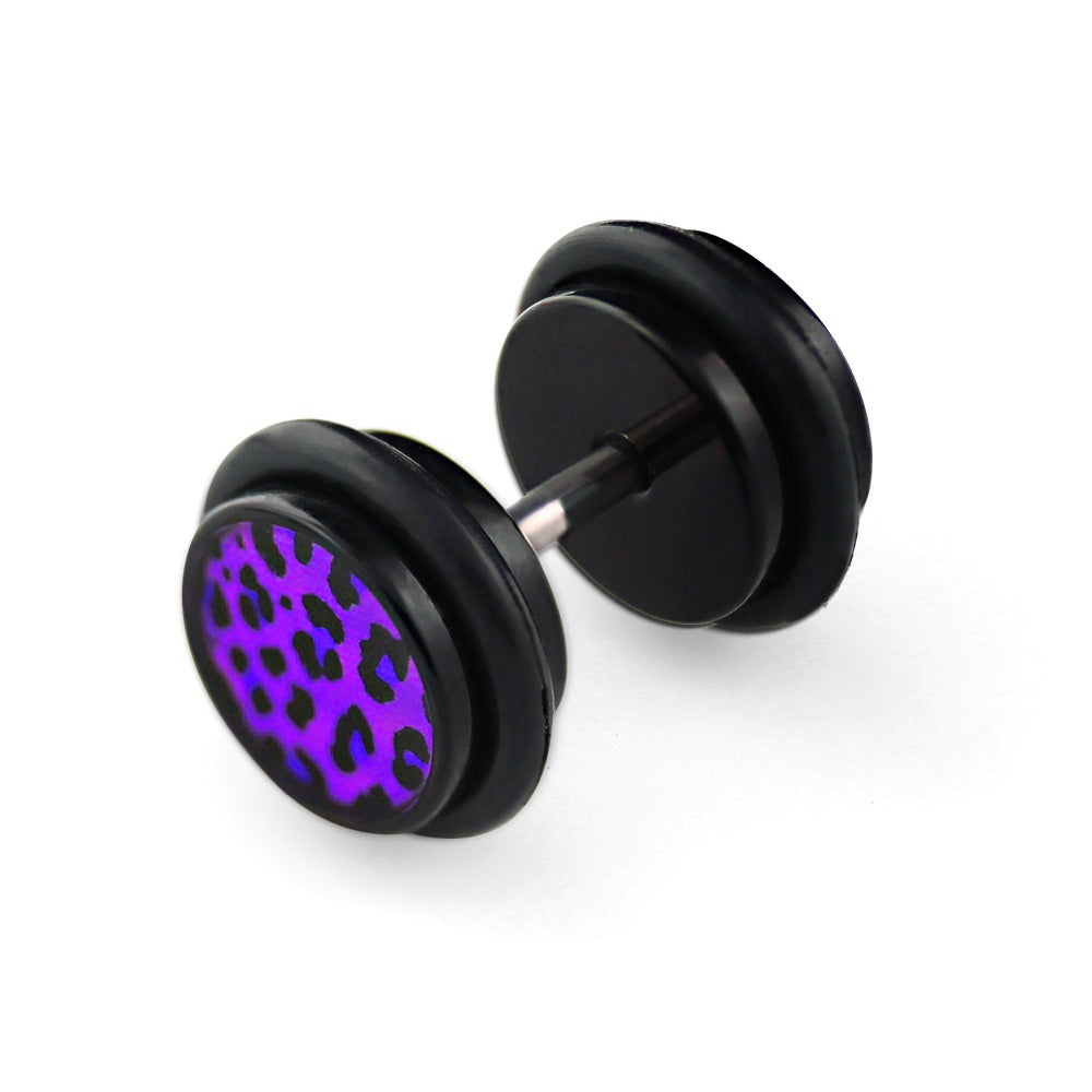 1 pair of leopard fake plug earrings ear studs acrylic tunnel black leo Ø 10mm