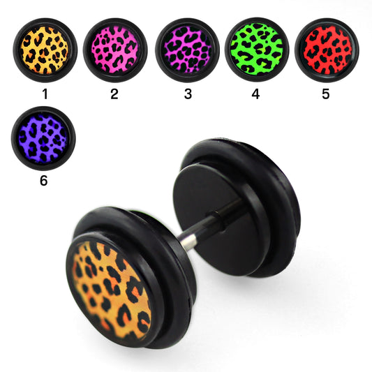 1 pair of leopard fake plug earrings ear studs acrylic tunnel black leo Ø 10mm