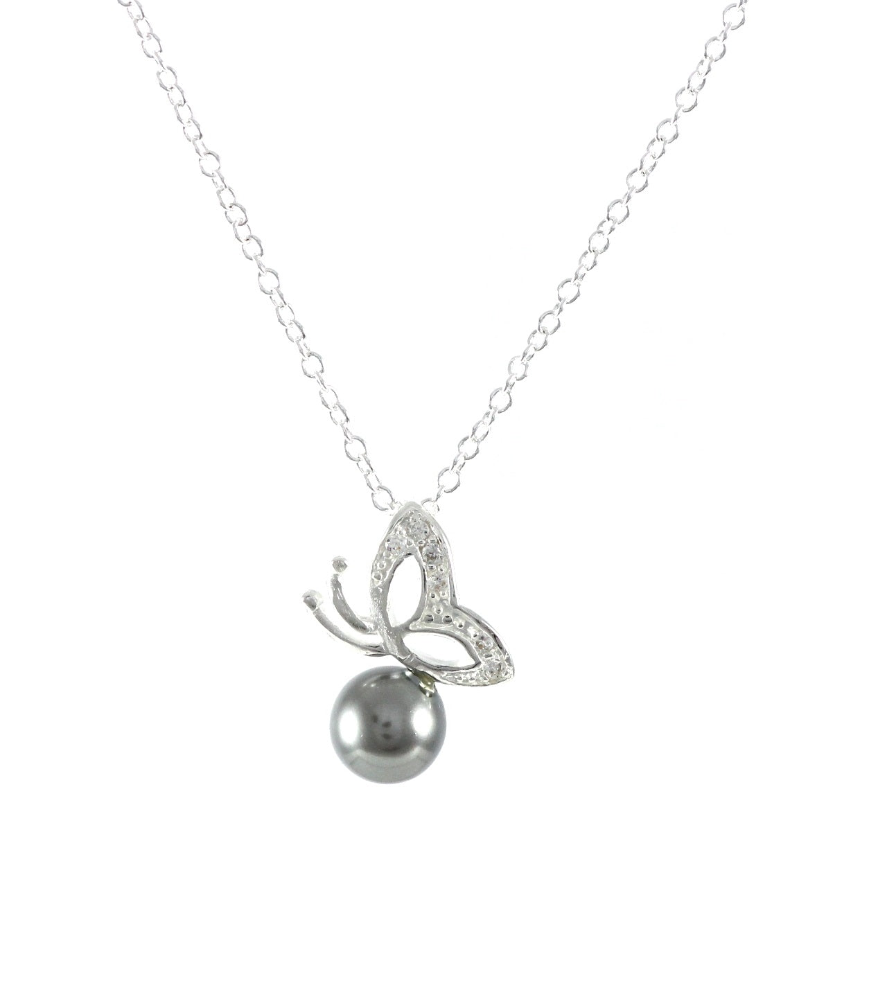 Necklace butterfly + pearl grey charm women's pendant Ø 17mm
