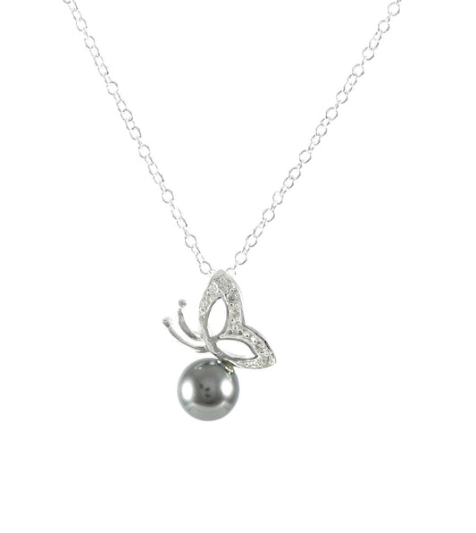 Necklace butterfly + pearl grey charm women's pendant Ø 17mm