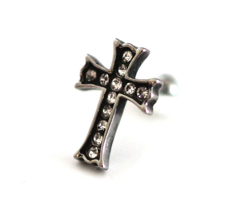 3D Skull Fake Plug Knight Cross Tunnel Silver Ear Stud Earring Rock Gothic Ø 13mm