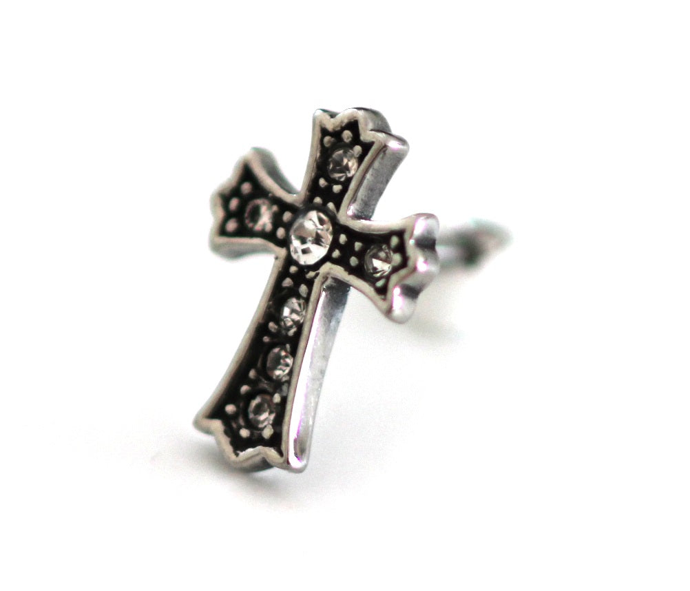 3D Skull Fake Plug Rhinestone Knight Cross Tunnel Silver Ear Stud Earring Gothic Ø 14mm