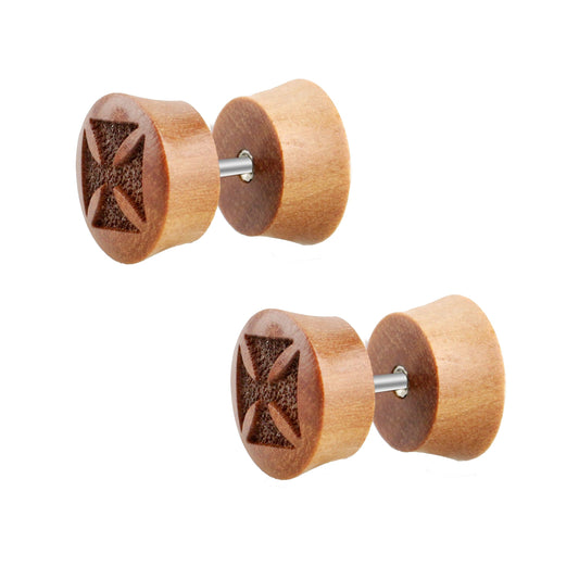 2 pieces Iron Cross wooden fake plug ear studs laser brown earring tunnel Ø 10mm
