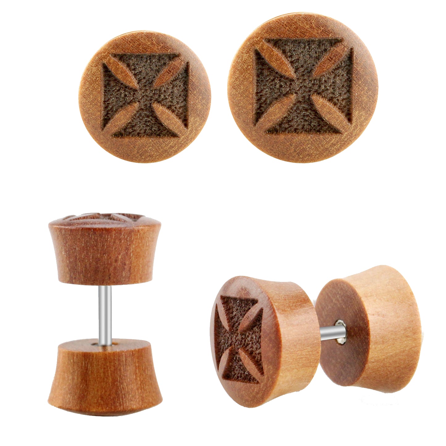 2 pieces Iron Cross wooden fake plug ear studs laser brown earring tunnel Ø 10mm