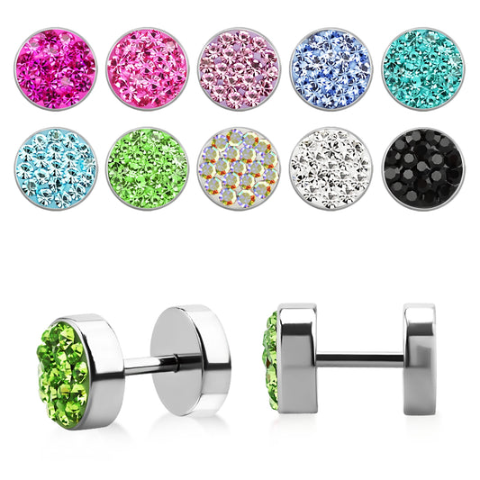 2 pieces crystal fake plug steel tunnel silver ear studs rhinestone earring Ø 6mm