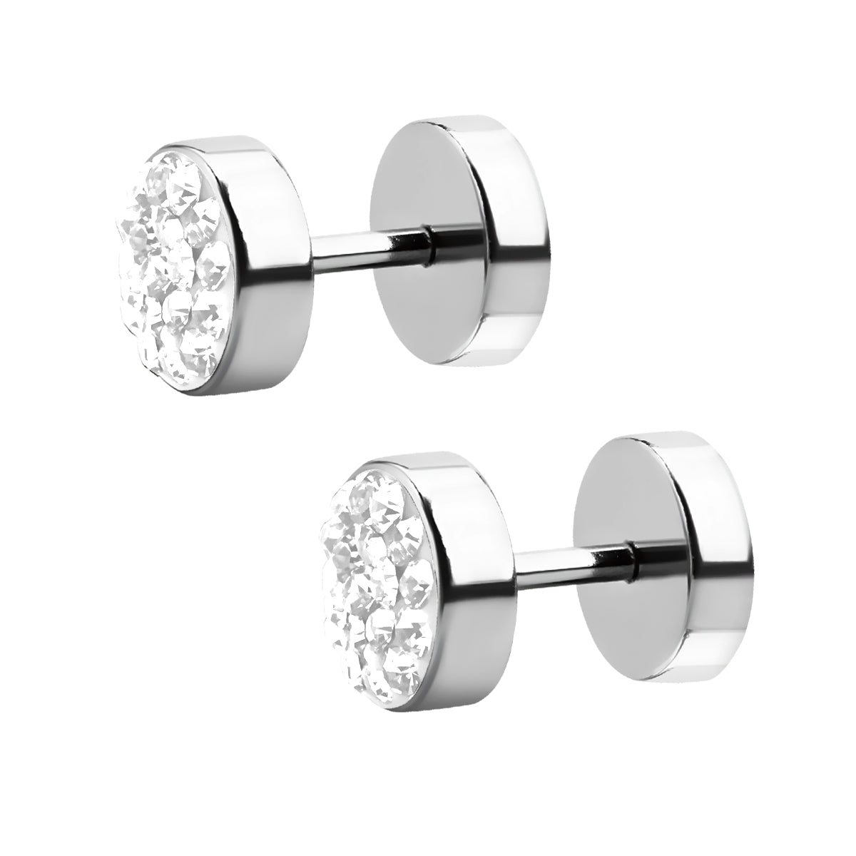 2 pieces crystal fake plug steel tunnel silver ear studs rhinestone earring Ø 6mm