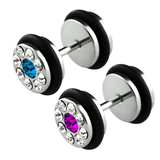1 pair of mega rhinestone fake plug silver unisex earrings ear studs Ø 10mm