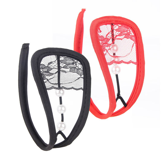 Set of 2 pearl C-string women's briefs mini bikini black red underpants lingerie S/M/L